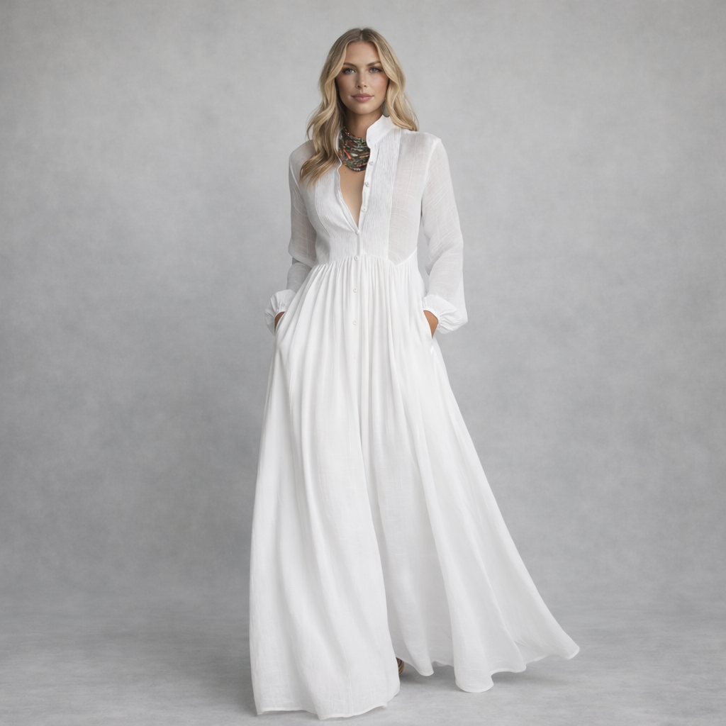 Elisa – Vestido Maxi Minimalista con Patchwork y Cuello Alto