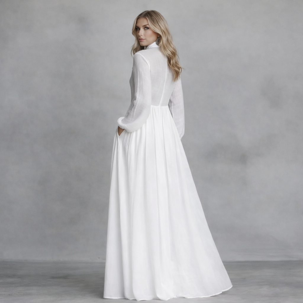 Elisa – Vestido Maxi Minimalista con Patchwork y Cuello Alto