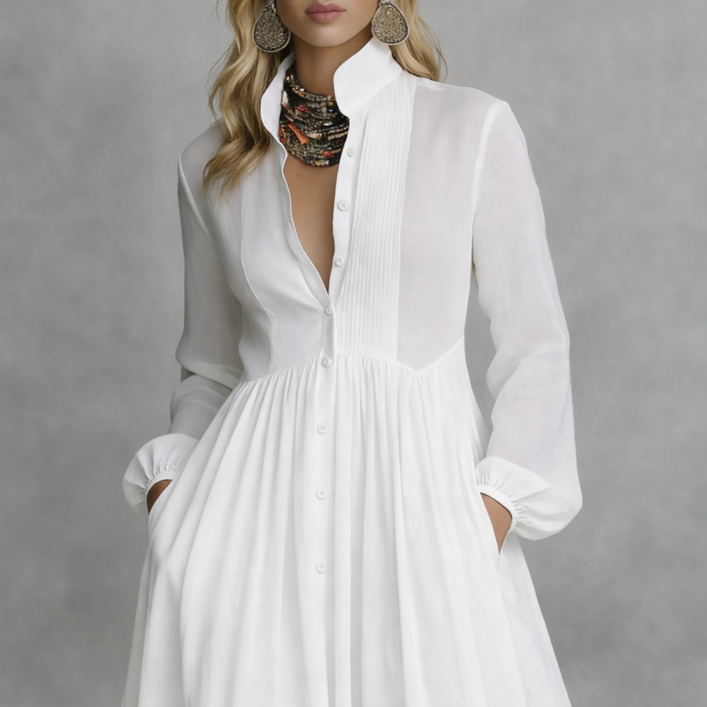 Elisa – Vestido Maxi Minimalista con Patchwork y Cuello Alto