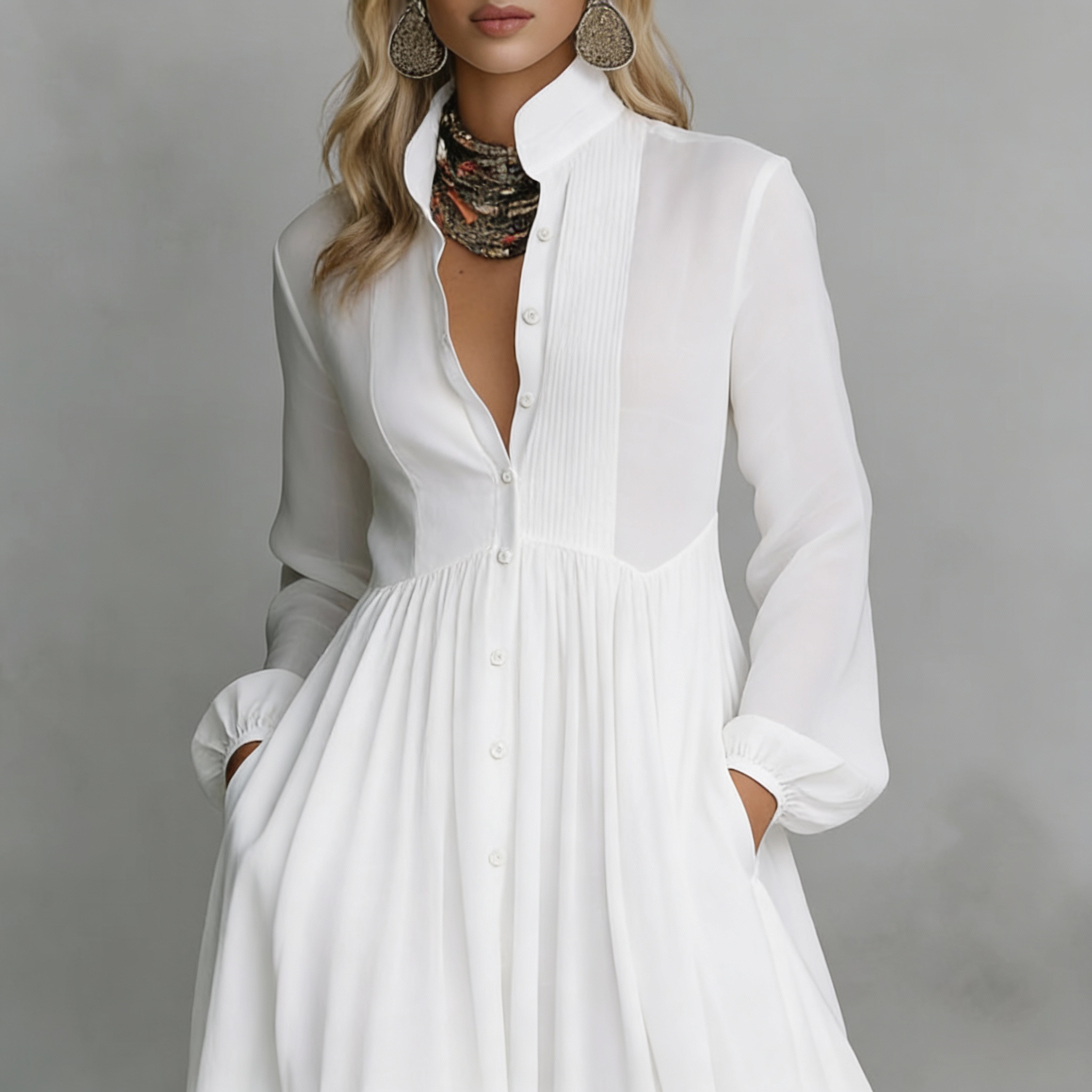 Elisa – Vestido Maxi Minimalista con Patchwork y Cuello Alto